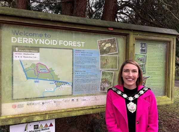 The Chair of the Council, Councillor Córa Corry is pictured at Derrynoid Forest where substantial improvement works have commenced.