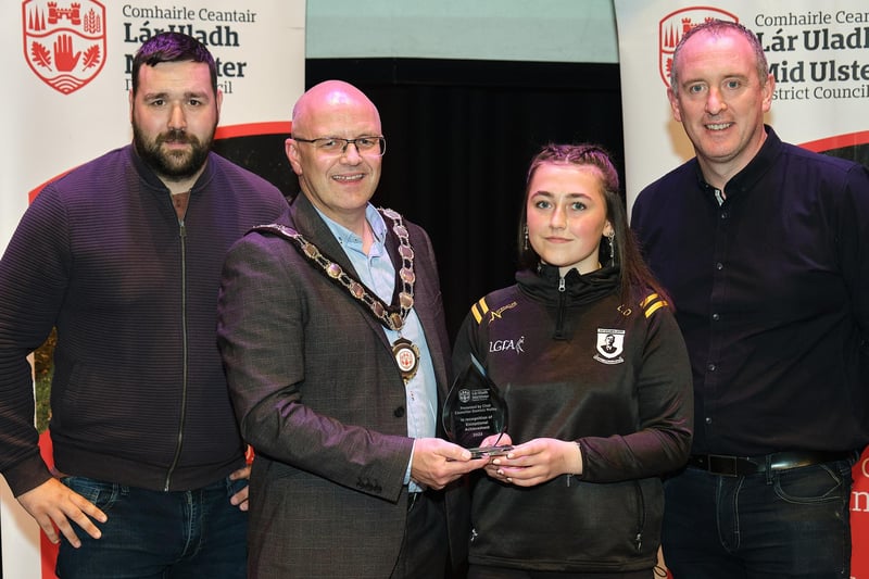 Pictured at the Civic Reception with Chair of the Council, Councillor Dominic Molloy, is Laura Delaney, Ulster U17 Handball Champion 2023. Also pictured are nominating councillors, Councillor Dan Kerr and Councillor Cathal Mallaghan.