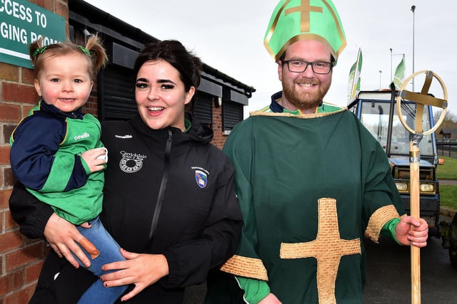 St Patrick himself turned up at the St Paul's GAC parade in the form of Canice McShane and was happy to pose with Kerri Byrne and daughter, Eibhlin (2). LM12-202.