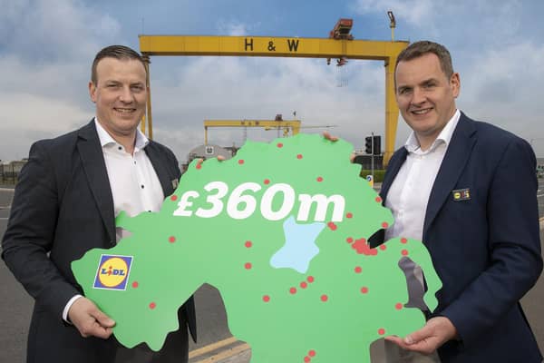 Pictured as a new report marking its 25th anniversary reveals that Lidl Northern Ireland pumped a record £360 million into the local economy in 2023, doubling its annual economic contribution over the past five years, from left, Ivan Ryan, Regional Managing Director, Lidl Northern Ireland, and J.P. Scally, Chief Executive Officer Lidl Ireland and Northern Ireland. Picture: Phil Smyth