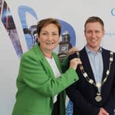 At the Causeway Chamber of Commerce AGM, the out-going President Ann-Marie McGoldrick is pictured placing the chain of office on the new Chamber President James Kilgore.  Credit Ciaran Clancy