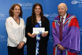 Emma Brow (Hillsborough), who was awarded the Department of Agriculture, Environment and Rural Affairs Prize as top student on the Level 3 Advanced Technical Extended Diploma in Equine Management, is congratulated by Grainne Flavin, guest speaker and Dr Eric Long, CAFRE, head of education. A past pupil of Victoria College, Belfast, Emma has now progressed on to study for a BSc (Hons) Degree in Equine Management at Enniskillen Campus, a qualification validated by Ulster University.