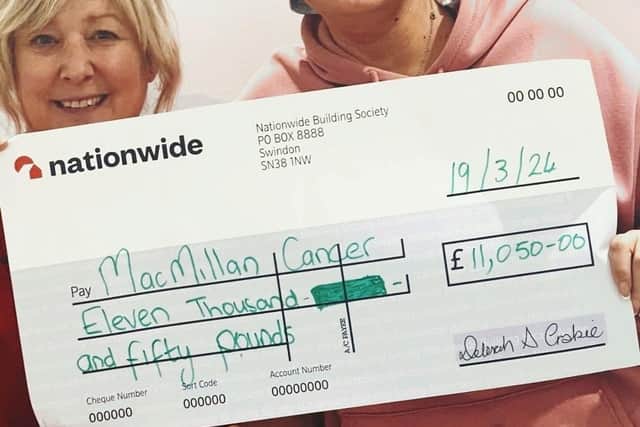 Joan presents Macmillan Cancer Unit Ward Sister Angela Berry with cheque for £11,050. Pic credit: SEHSCT