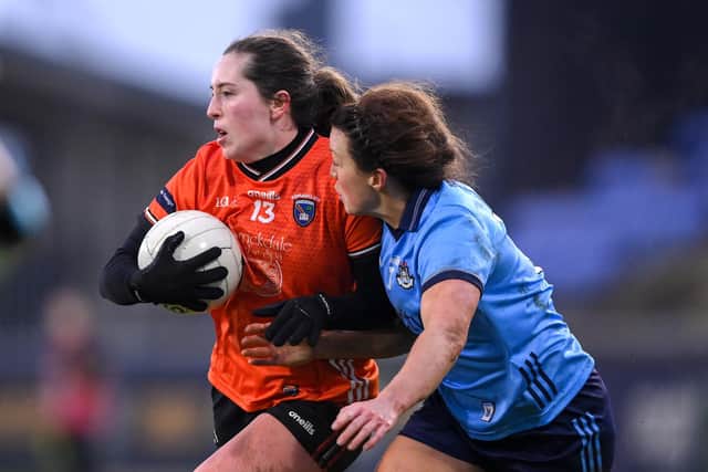 8 February 2025; Niamh Reel of Armagh and Leah Caffrey of Dublin during the Lidl Ladies National Football League Division 1 match between Dublin and Armagh at Parnell Park in Dublin. Photo by Stephen McCarthy/Sportsfile