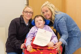 Anna Cahoon pictured with Catherine Whiteford and Kellie Ritchie from Larne Adult Centre. Photo submitted by Northern Health and Social Care Trust