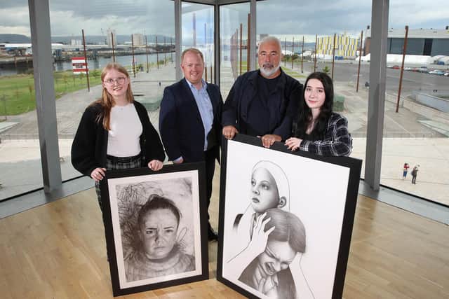 Pictured with Bradley Art Prize sponsor Stephen McQuoid, Regional Director for Ireland at Radius Connect (middle left) and renowned artist Terry Bradley (middle right) are Sophie Hewitt (left), winner of the 14-18 age category, and Erin MeGrath (right), runner-up in the 14-18 age category. Pic credit: Phil Smyth
