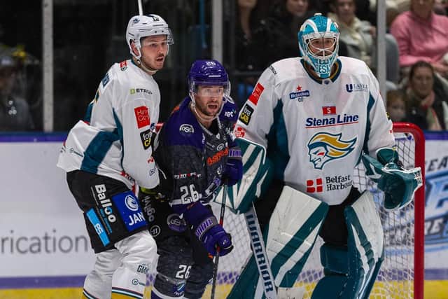 Belfast Giants goalie Tyler Beskowarany and defenceman Miles Gendron in action during last Friday's game against the Glasgow Clan at Braehead. It was a game that the Giants went on to win 4-2. Picture: Al Goold