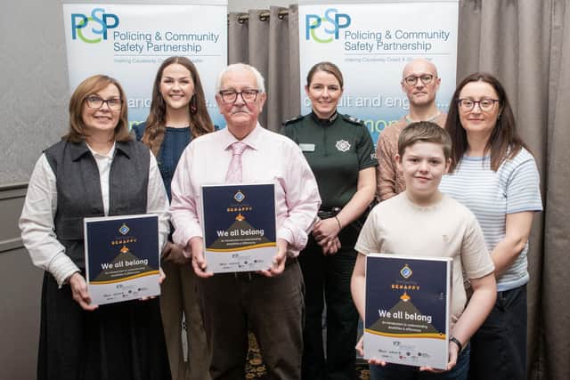 Guest speakers pictured at the launch of the new disability hate crime lesson plan are: Julieann Hawthorne, Education Authority ABSIT team, Hannah Crothers, Autism NI, PCSP Chairperson Cllr Oliver McMullan, PSNI Sgt Wendy McConnell, Michael McCartan, Hate Crime Advocacy Service, Orlaith Quinn PCSP Officer and Guest Speaker Disability Advocate Alexander Myles.