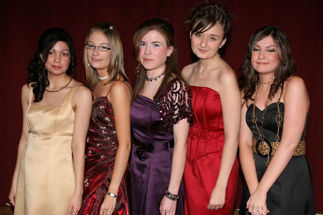 GIRLS GET TOGETHER...Pictured during the Dunluce School Formal at the Royal Court Hotel in 2007 are Natalie Collins, Hannah January, Danielle McMullan, Leanne Elder and Emma Dunlop.