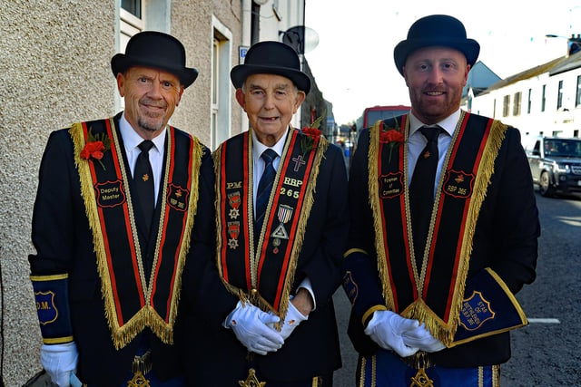 Sir Knights from Brackagh RBP 265 pictured before Thursday's parade. Included are from left, Philip Magowan, Leslie Wells and Adam NcGowan. PT28-301.