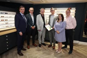 Health Minister Mike Nesbitt MLA with Chair of Optometry NI Brian McKeown and colleagues during a visit to Brogan’s Eyes and Ears practice in Lisburn. Pictured are l-r: Colm Rooney, Richard McNeight, Health Minister Mike Nesbitt MLA, Brian McKeown, Jill Campbell and Andrew Jess. Pic credit: Kelvin Boyes