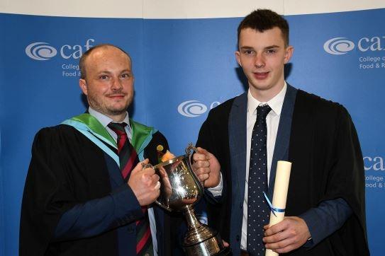 Andrew Millar (Antrim) was presented with the Greenmount Association Cup awarded for overall performance in practical skills on the Level 2 Work-based Agriculture programmes by Philip Holdsworth, Senior Lecturer, CAFRE.
