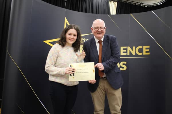 Dave Linton founder and Managing Director of social enterprise luggage company Madlug presented the certificates and trophies for the Further Education Student of the Year Awards. He is pictured with award winner for the School of Applied Science and Sport, Emone Van Der Westhuizen.