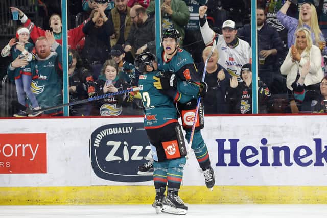 Belfast Giants’ Henrik Eriksson celebrates scoring against Guildford Flames during Saturday night’s Elite Ice Hockey League game at the SSE Arena, Belfast.     Photo by William Cherry/Presseye