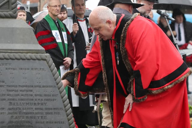 Alderman James Tinsley, Veterans’ Champion, represented Lisburn and Castlereagh City Council in Royal Hillsborough, laying a wreath at the War Memorial on Main Street, with Deputy Lord Lieutenant for Co Down, Professor Neil McClure also laying a wreath as the local community gathered to pay their respects.