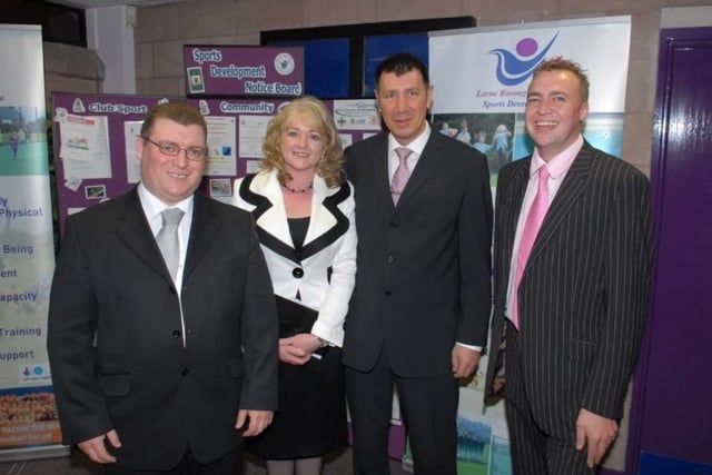 Pictured back in 2007 are Councillor Martin Wilson and Larne Borough Council chief Executive Geraldine McGahey with NI manager Lawrie Sanchez and the compere for the Sports Awards, Gareth Fulton.