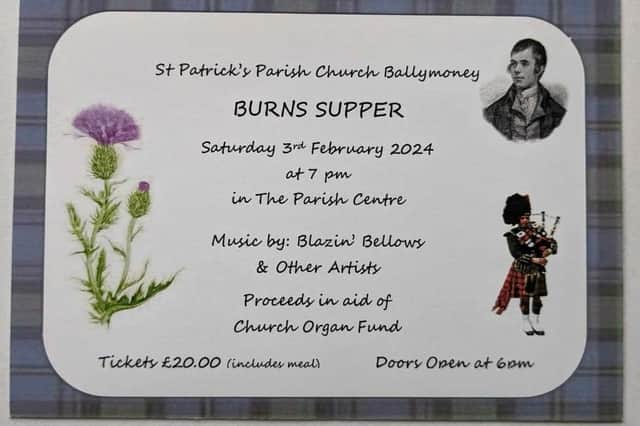 Celebrate the Bard with a Burns Night Supper in Ballymoney. Credit St Patrick's Ballymoney