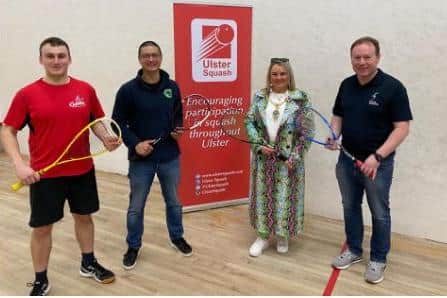 Picture - L to R: Dan Greenaway and William Nicholson (Ulster Squash Board Members), Sandra Duffy (Mayor of Derry and Strabane Council) and Paul McCusker (Chair of Foyle Squash)