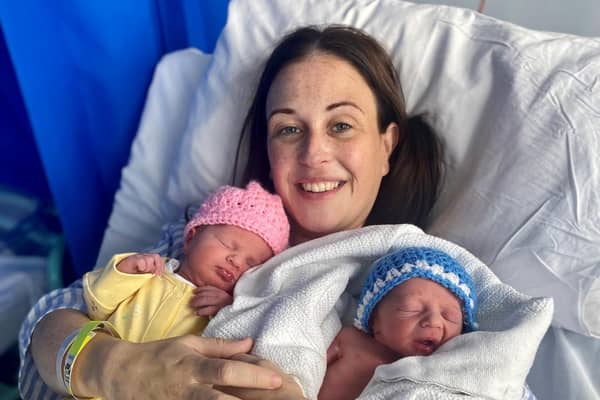 Mum Charlene Morrison with her twins. Pic credit: SEHSCT