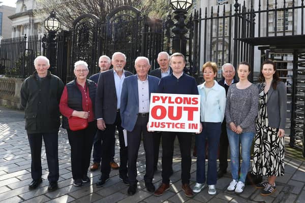 Protesters opposed to the construction of pylons along a 34 km stretch of the Armagh and Tyrone countryside to facilitate an electricity connector demonstrating outside Belfast High Court on Wednesday (April 9) . Picture by  William Cherry  / PressEye