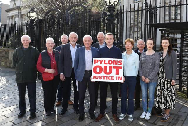 Protesters opposed to the construction of pylons along a 34 km stretch of the Armagh and Tyrone countryside to facilitate an electricity connector demonstrating outside Belfast High Court on Wednesday (April 9) . Picture by William Cherry / PressEye