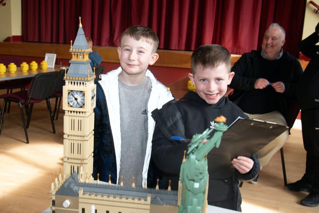 Daragh Lucas (7) and Patrick McGeown pictured at the Lego exhibition in Thomas st Methodist Church Hall on Saturday. PT15-214.