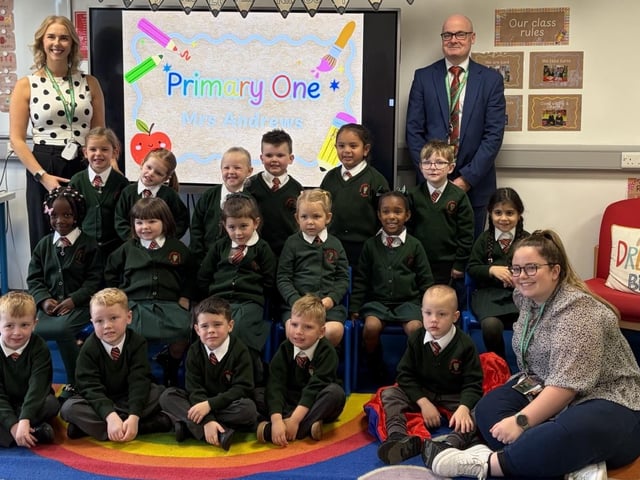 Mrs Andrews P1 class at Millington Primary School. Also pictured are principal Mr Woolsey and Miss Smith (seated), classroom assistant.