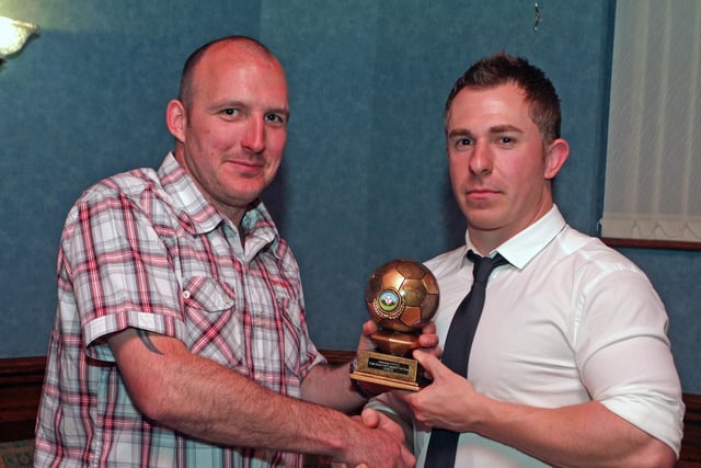 Rasharkin Utd FC held  their annual presentation dinner in 20120 at McLaughlin'sCorner. And pictured is Chairman Peter Baird presenting the 'Most Committed Player of the Year' award to Shaun Hickey