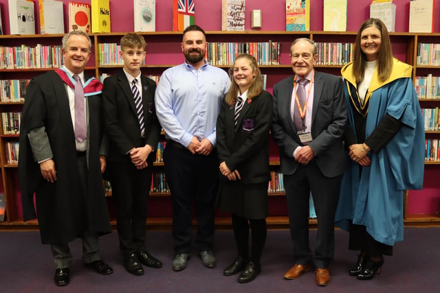 At Tandragee Junior High School Prize Evening a presentation was made to their special guest. In this photo are: CW Brown (Principal), Tom Donaldson (Head Boy), Darren Ogle (Special Guest), Amaya Preston (Head Girl), Mr R Leckey (Chair of Board of Governors) and Mrs DL Inns (Vice Principal).