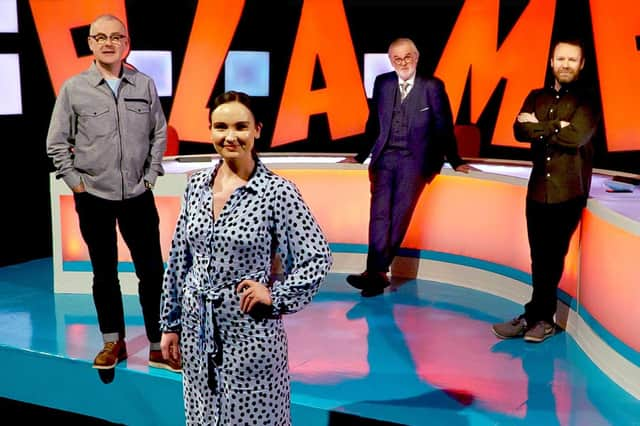 The Blame Game team travelled to The Braid Theatre in Ballymena to record for the new series. They are, front, Diona Doherty, back, from left, Colin Murphy, Tim McGarry and Neil Delamere. Credit BBC