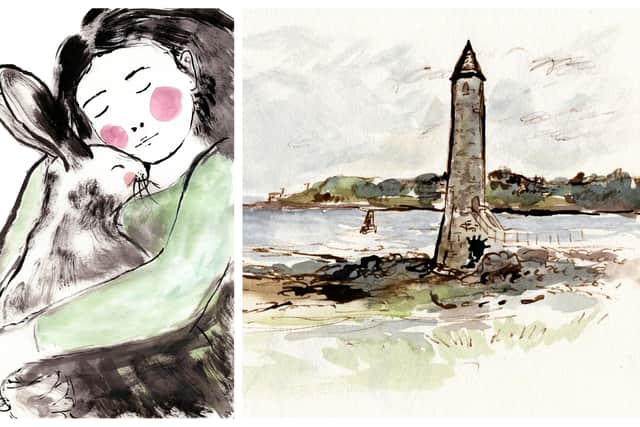 Left: Jennifer's drawing 'Embrace' features a little girl and an Irish hare, symbolic of our landscape, which she says "describes the love I feel for my local area and the natural beauty here".  Right: An observational drawing of Larne's Chaine Tower.  Images: Jennifer Cooke