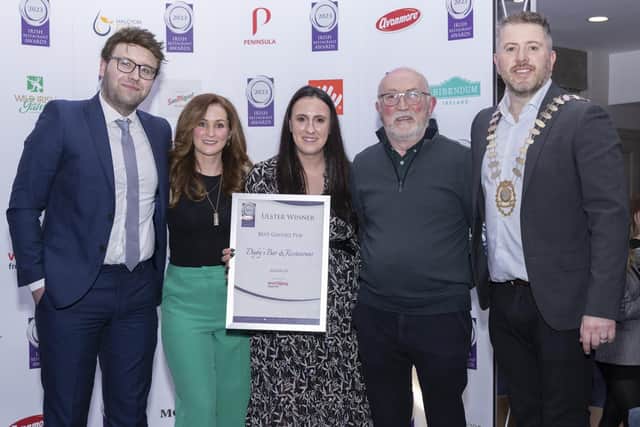 Chef Matthew Kennedy, Manager Claire Macklin and owner Michael Macklin of Digby’s Bar and Restaurant, Killylea are crowned the winner of the Best Gastro Pub. They are pictured with the President of the Restaurants Association of Ireland Paul Lenehan and a representative from Worldpay FIS. Picture: Paul Sherwood.