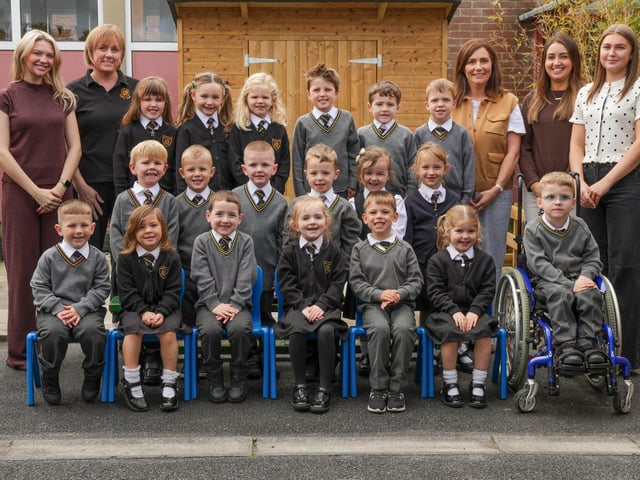 The King's Park Primary School P1 class with Mrs Matchett, Mrs Stone and classroom assistants Mrs Binks, Miss Ervine and Miss Cummings.
