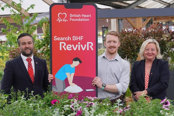 David McColgan, Head of British Heart Foundation Scotland; Ryan McKnight, Finance Business Manager at Dobbies who attended the training; April Davidson, Regional Fundraising Manager, British Heart Foundation Scotland. Pic credit: Stewart Attwood