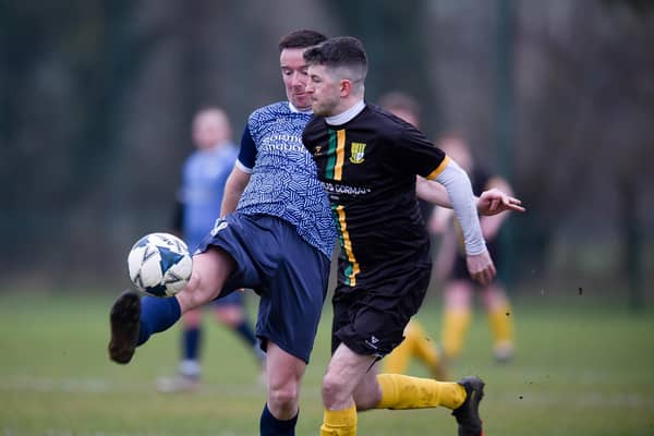 Cartwheel United attacker James Coyle (right) scored during his side's epic 4-4 draw against Orchard United. Pic: Brendan Monaghan