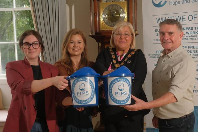 Lord Mayor of Armagh City, Banbridge and Craigavon, Councillor Mary O’Dowd pictured with Seamus McCabe MBE, Brooke Crozier and Siobhán Brennan from PIPS Hope and Support. Picture: Liam McArdle