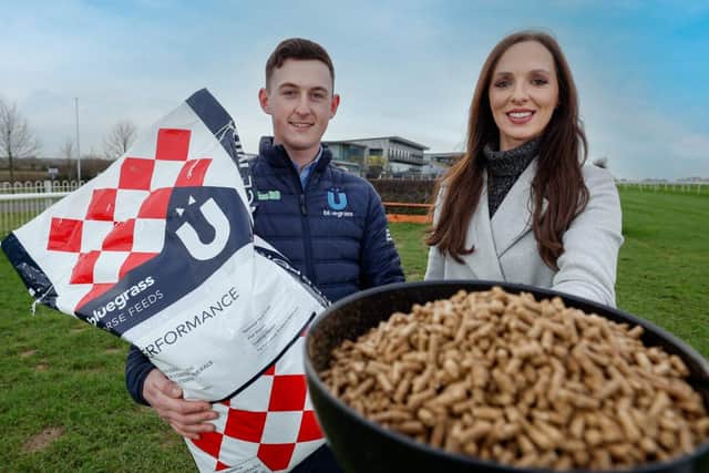Pictured is Adam Short from Bluegrass Horse Feed with Kathryn Holland from Down Royal Racecourse