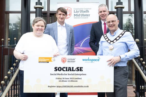 Chair of Mid Ulster District Council, Councillor Dominic Molloy encourages Mid Ulster Social Enterprises to sign up for the ‘Socialise’ webinar on Friday June 30, with (back left to right) Daryl Conway, Digital Performance Lab, Enda Daly, Programme Manager, and Michelle Clarke Workspace Enterprises Ltd. Credit: John O'Neill