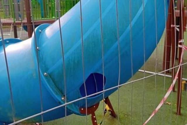 Damaged was caused to this piece of play equipment at the popular Ballymena park. Photo submitted by Mid and East Antrim Borough Council