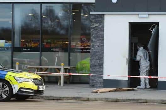 Police at the scene of an attempted ATM theft in Toome on Sunday, March 5. Picture: Pacemaker Press.