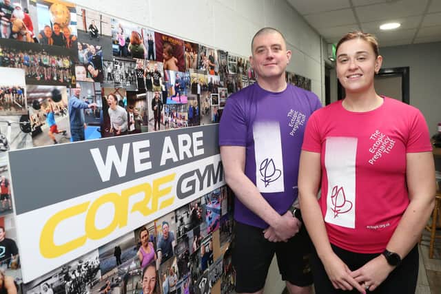 Ruth Fields who is running the Paris Marathon in aid of the Ectopic Pregnancy Trust pictured with Paul Humphreys who will be running the event with her. Credit McAuley Multimedia