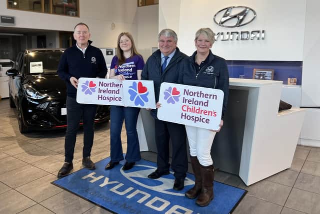 Launching the Coronation Charity Golf Day, from left to right, are: Michael McGread, Whitehead Golf Club captain; Madison Wright, NI Children’s Hospice youth ambassador; Gibson Wharry, sales director, Cannon Motors Hyundai and Whitehead lady captain Heather Gilmour.