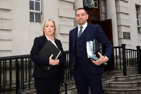Sinn Féin deputy president Michelle O'Neill and her solicitor Padraig Omuirigh at the High Court in Belfast on Thursday. Picture: Declan Roughan / Press Eye