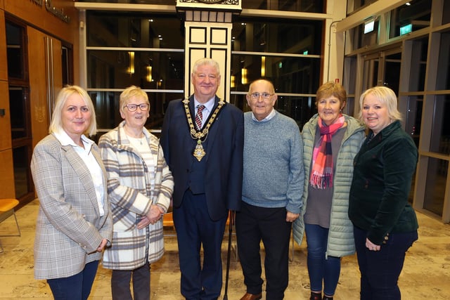 Sandra Church, William McKenney and Billy Atkinson from Bovedy Community Association pictured with Cllr Steven Callaghan, Mayor of Causeway Coast and Glens Borough, Alderman Michelle Knight-McQuillan and  Cllr Dawn Huggins at a reception for Bann DEA community representatives.