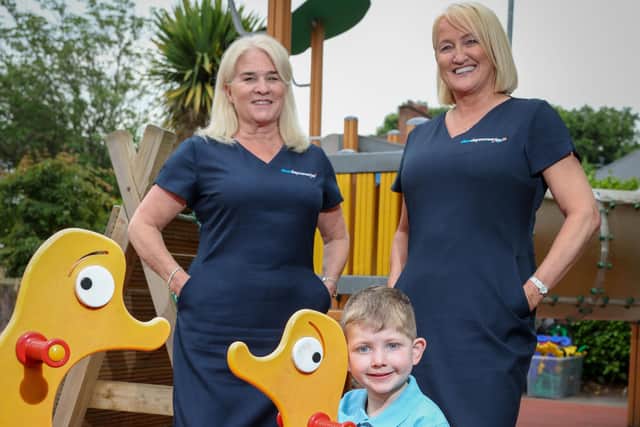 Clear Day Nurseries’ managing director Audrey McCracken and head of operations Jill McAuley, with Daire O’Connor (4). Credit: Matt Mackey