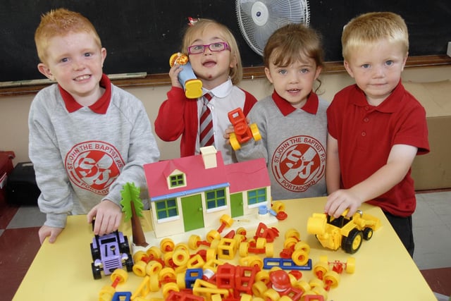 St John the Baptist Primary School P1 pupils enjoying their first days at school in 2007. Pictured from left are, Dylan Gosney, Connie Shortt, Maeve Shortt and Conaill Robinson.