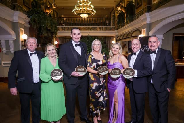 Musgrave Northern Ireland Store of the Year winners, from left: William McCann and Kellyanne Jones from Mace Greenisland (small format), Malachy McCaughan from Mace Armoy (large format), Sarah Doherty from Centra Waterloo Place in Derry~Londonderry (high convenience), Sharon McPolin from Centra Annaclone (foodmarket), Peter McCool from SuperValu Ballymoney and Trevor Magill, Musgrave NI Managing Director.