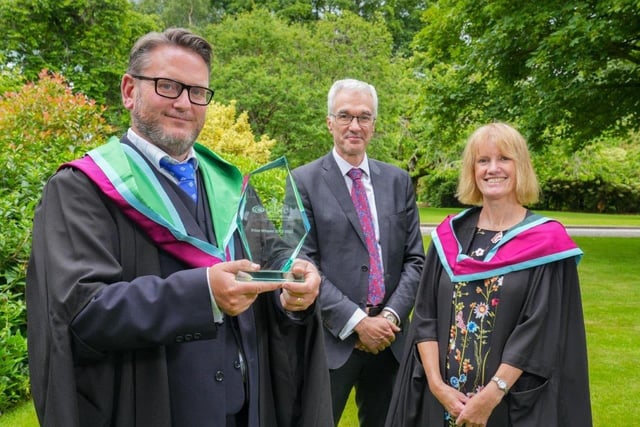 The Department of Agriculture, Environment and Rural Affairs Prize was awarded to Peter Brown (Cookstown) for achieving the highest marks on the MSc in Business for Agri-Food and Rural Enterprise course. Peter received his award from Norman Fulton (Head of Food and Farming Group, DAERA) and was congratulated by Teresa McCarney (Senior Lecturer, Loughry Campus). Credit: DAERA
