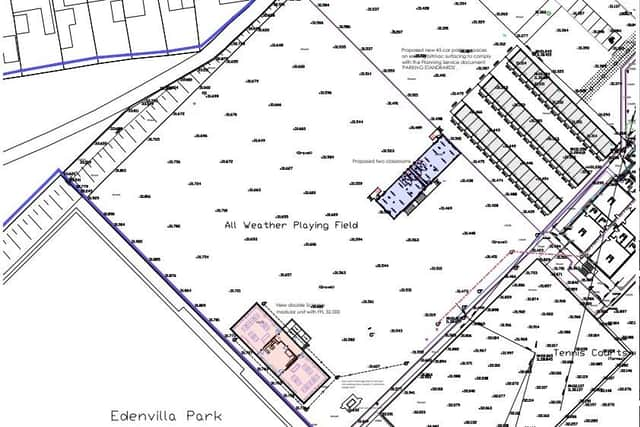 A proposed site plan showing the location of the units on the all weather playing field and the additional car parking spaces.