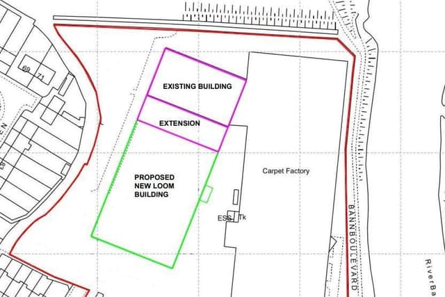 The new loom building (in green) will be a significant extension within the Ulster Carpets industrial complex. Credit: ABC planning portal